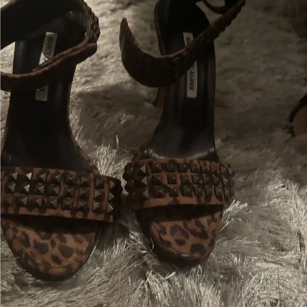 Manolo blahnik shoes animal print heels cuff ankle dress shoes studded sandals